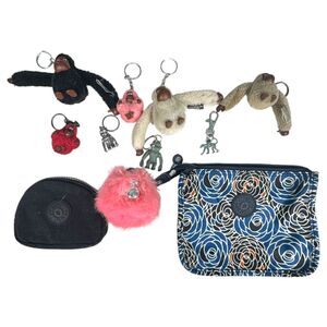Kipling Blue Floral Coin Pouch Set with Pink Pom & Assorted Monkey Keychains